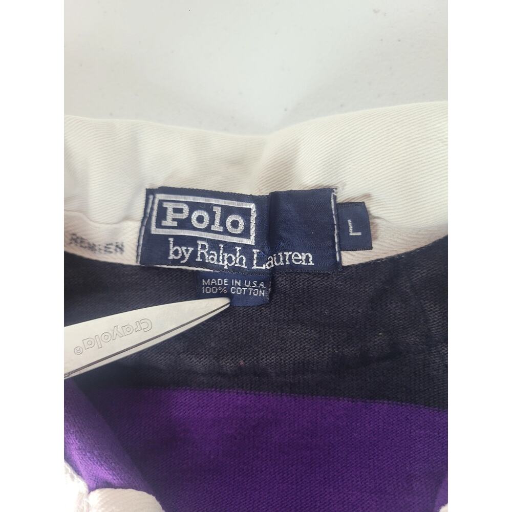 Vntg Polo By Ralph Lauren Polo Shirt Men L Purple Black Rugby Stripe Long Sleeve - Picture 8 of 12